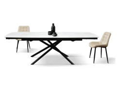 Mesa em cerâmica branca, base em metal preto, extensível 160x90-240x90 cm - BONIFACIO