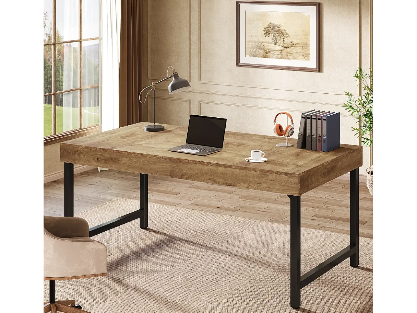 Mesa executiva industrial de 140 cm para escritório em casa, mesa de computador e laptop rústica e simples