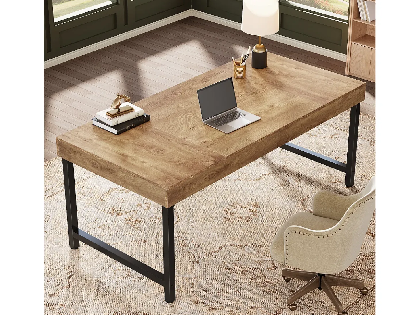 Mesa executiva industrial de 140 cm para escritório em casa, mesa de computador e laptop rústica e simples