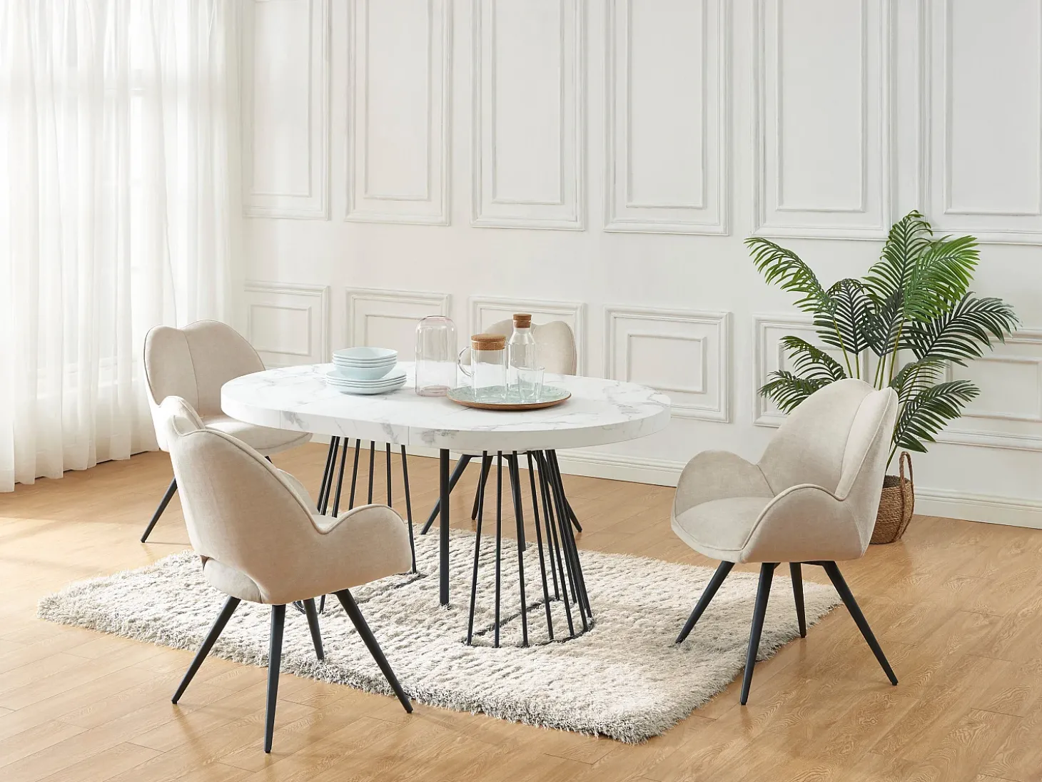 Mesa extensível 2 a 12 lugares em MDF e aço efeito mármore branco e preto - FIRELA
