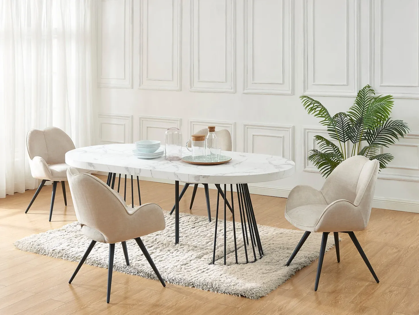 Mesa extensível 2 a 12 lugares em MDF e aço efeito mármore branco e preto - FIRELA