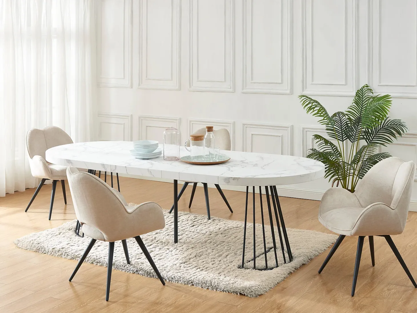 Mesa extensível 2 a 12 lugares em MDF e aço efeito mármore branco e preto - FIRELA