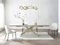 Mesa extensível 6 a 10 lugares cerâmica e vidro temperado efeito mármore branco - XERENA