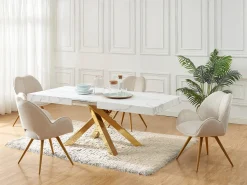 Mesa extensível 6 a 10 lugares em MDF e metal efeito mármore branco e dourado - CATONAV