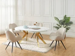 Mesa extensível 4 a 8 lugares em MDF e aço efeito mármore branco e dourado - KOMONI