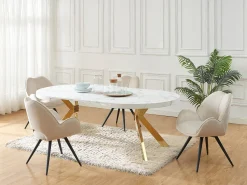 Mesa extensível 4 a 8 lugares em MDF e aço efeito mármore branco e dourado - KOMONI