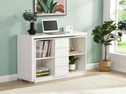 Mesa extensível com tampo giratório de 360° em MDF lacado branco - PAVELO