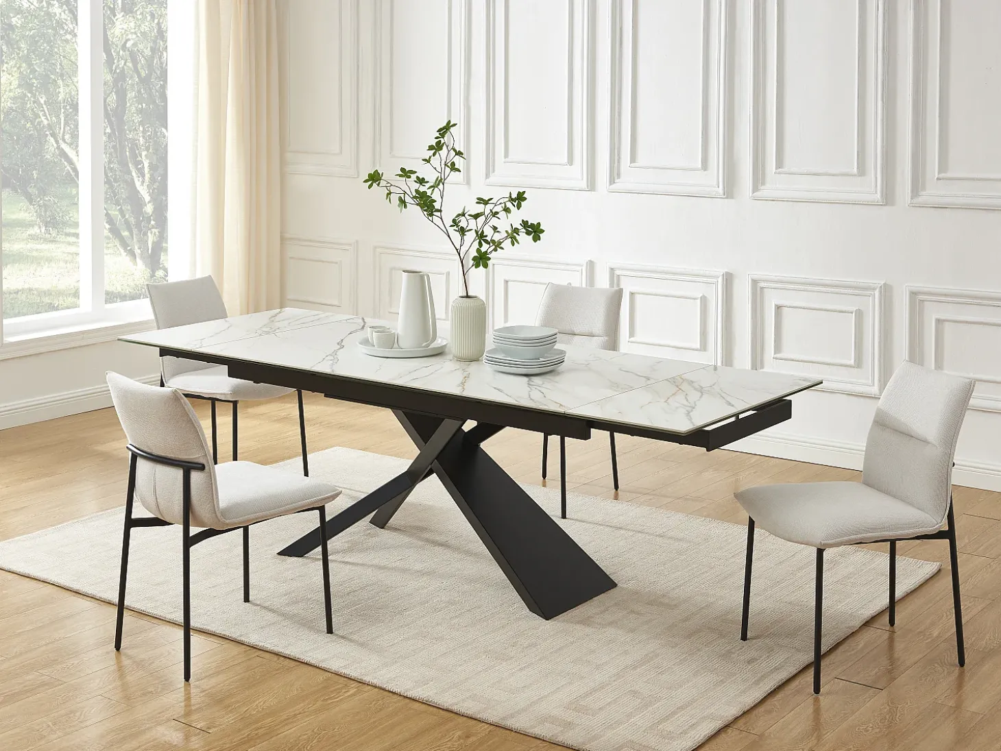 Mesa extensível em cerâmica, vidro temperado e metal - Efeito mármore branco e preto - LUMIEL