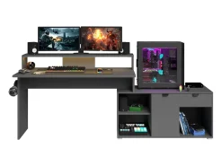 Mesa gamer modular Playit em melamina com LED, dimensões de 94,8x134 a 167,7x60 cm