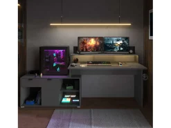 Mesa gamer modular Playit em melamina com LED, dimensões de 94,8x134 a 167,7x60 cm