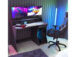 Mesa Gaming Skin Cinza/Preta com Gaveta e Gancho para Capacete 90x124x60 cm