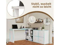Mesa giratória 360° - 140 x 120 x 78 cm - em L ou vertical - com 4 gavetas - MDF - branco
