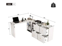 Mesa giratória 360° - 140 x 120 x 78 cm - em L ou vertical - com 4 gavetas - MDF - branco