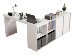 Mesa giratória 360° - 140 x 120 x 78 cm - em L ou vertical - com 4 gavetas - MDF - branco