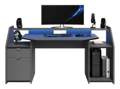 Mesa grande para jogos com gaveta e armário LED cinza 98x180x67 cm