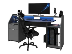 Mesa grande para jogos com gaveta e armário LED cinza 98x180x67 cm