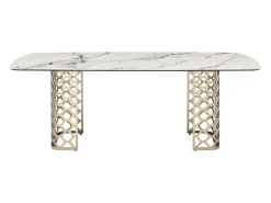 Mesa jantar 8 lugares vidro temperado e cerâmica efeito mármore branco e dourado GOLDENA