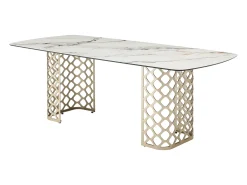 Mesa jantar 8 lugares vidro temperado e cerâmica efeito mármore branco e dourado GOLDENA