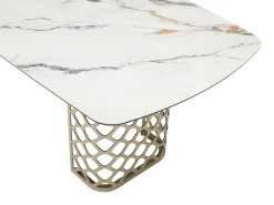Mesa jantar 8 lugares vidro temperado e cerâmica efeito mármore branco e dourado GOLDENA