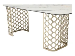 Mesa jantar 8 lugares vidro temperado e cerâmica efeito mármore branco e dourado GOLDENA