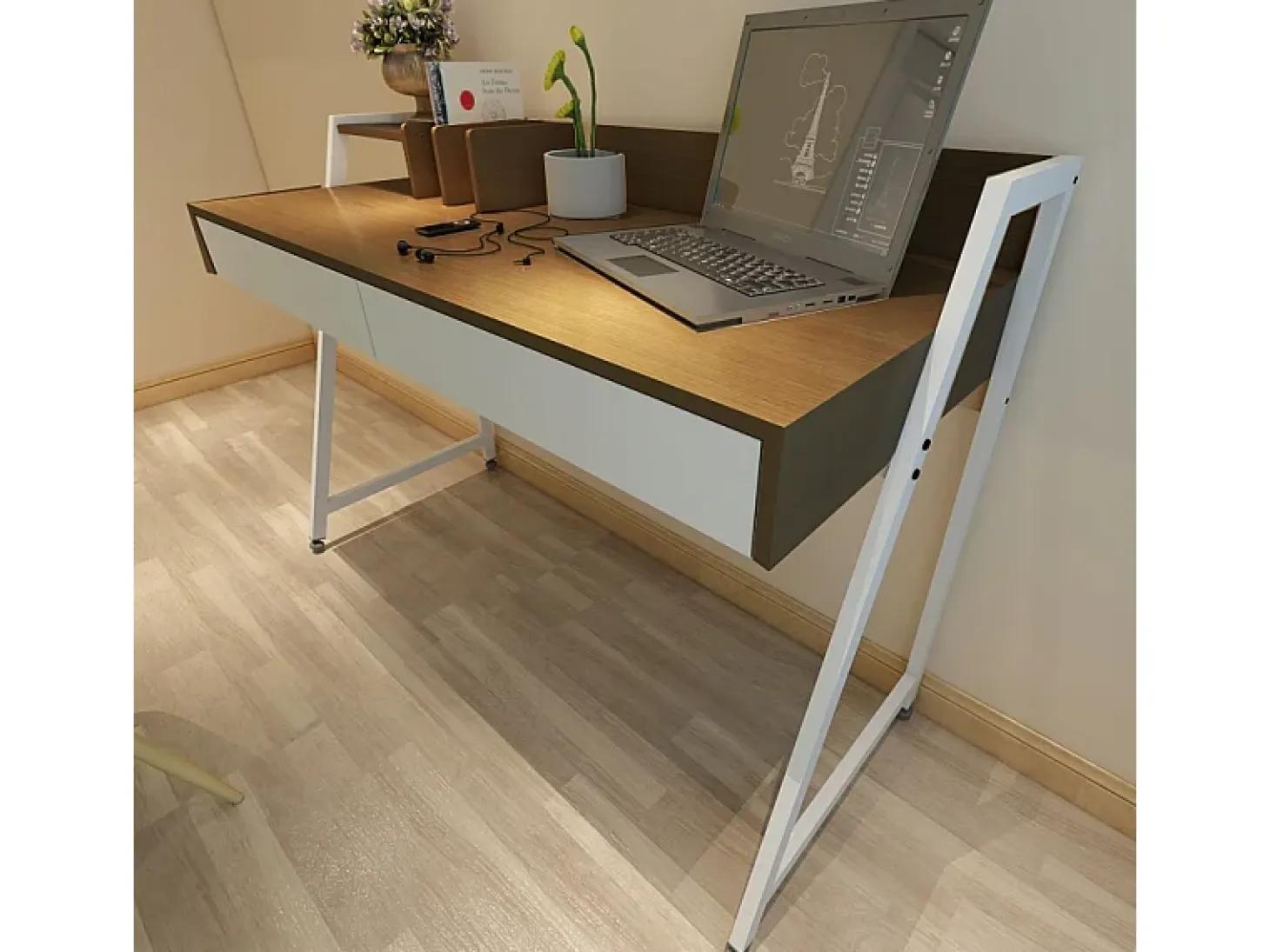 MESA MODERNA COM GAVETAS E DIVISÓRIAS EM CARVALHO ESCURO PREMIUM 100 CM