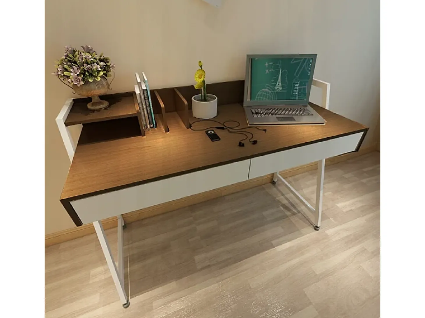 MESA MODERNA COM GAVETAS E DIVISÓRIAS EM CARVALHO ESCURO PREMIUM 100 CM