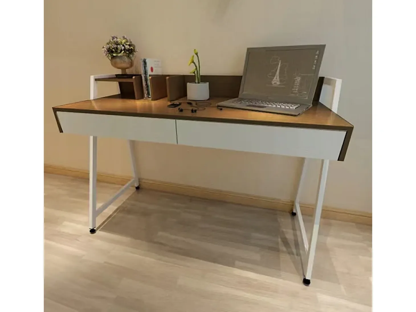MESA MODERNA COM GAVETAS E DIVISÓRIAS EM CARVALHO ESCURO PREMIUM 100 CM