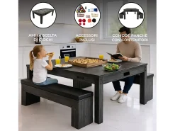 Mesa Multijogos 7 em 1 com 2 Bancos Efeito Cinza Bilhar Pingue-Pongue Air Hockey