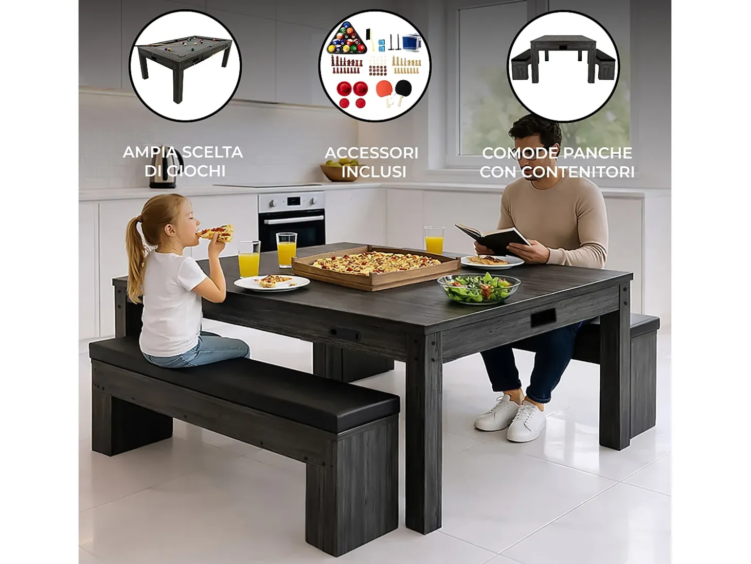 Mesa Multijogos 7 em 1 com 2 Bancos Efeito Cinza Bilhar Pingue-Pongue Air Hockey