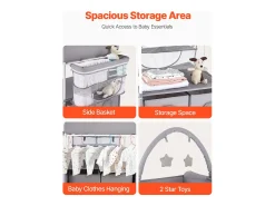Mesa para Trocar Fraldas Dobrável SucceBuy Plano para Trocar Fraldas com 2 Gavetas em Tecido, Cesto Lateral e Barra para Pendurar, Rodízios Bloqueáveis