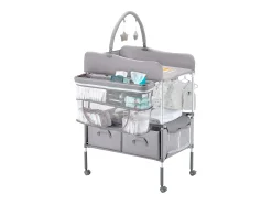 Mesa para Trocar Fraldas Dobrável SucceBuy Plano para Trocar Fraldas com 2 Gavetas em Tecido, Cesto Lateral e Barra para Pendurar, Rodízios Bloqueáveis