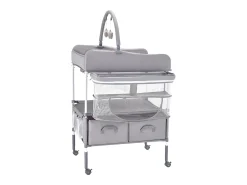 Mesa para Trocar Fraldas Dobrável SucceBuy Plano para Trocar Fraldas com 2 Gavetas em Tecido, Cesto Lateral e Barra para Pendurar, Rodízios Bloqueáveis