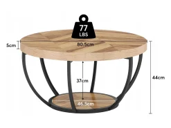 Mesa redonda baixa de coquetel industrial moderna com dois níveis e prateleiras, mesa auxiliar circular para sofá com pernas de metal