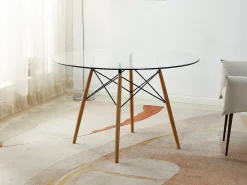 Mesa Redonda em Vidro Temperado Tower de 120 cm. Sala de Jantar ou Cozinha Carvalho