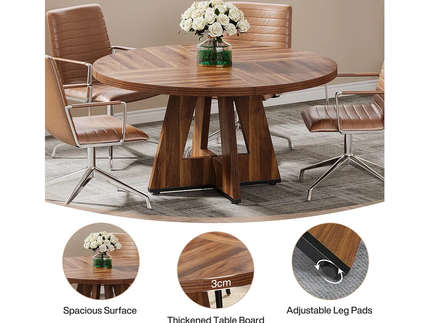 Mesa redonda para sala de jantar, cozinha, sala de jantar, sala de estar, 120 cm, para 4 pessoas, marrom rústico (apenas a mesa)