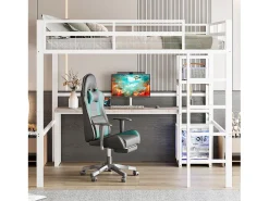 Mezanino iluminado 140x200 cm - com escrivaninha - com USB + Type-C - guarda-corpo - escada - branco (sem colchão)