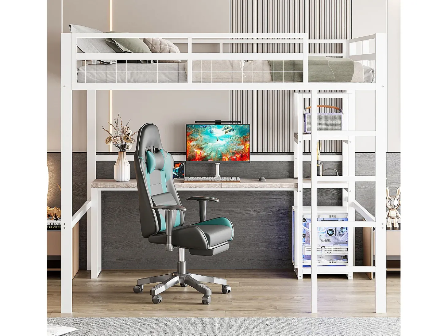 Mezanino iluminado 140x200 cm - com escrivaninha - com USB + Type-C - guarda-corpo - escada - branco (sem colchão)