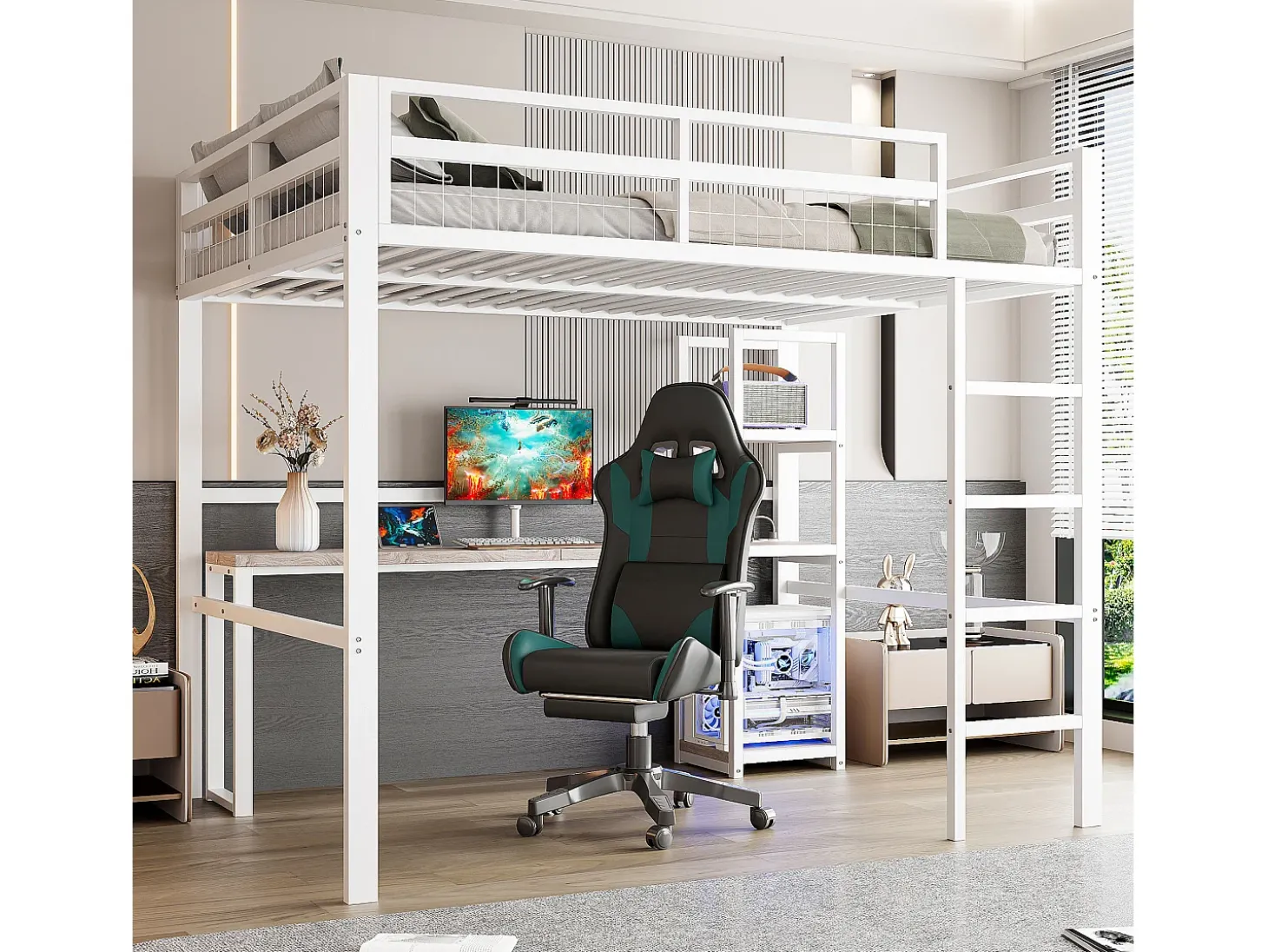 Mezanino iluminado 140x200 cm - com escrivaninha - com USB + Type-C - guarda-corpo - escada - branco (sem colchão)