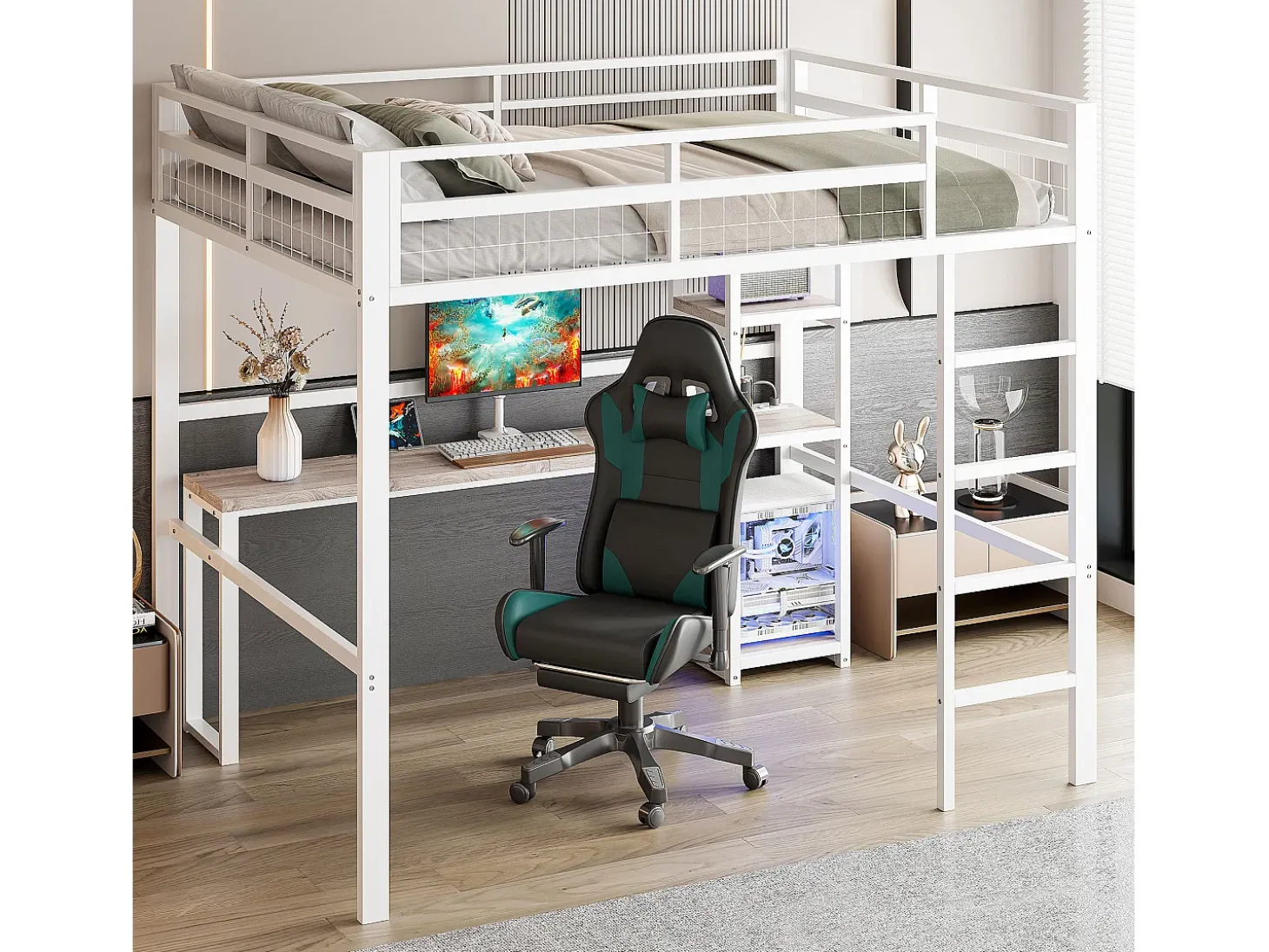 Mezanino iluminado 140x200 cm - com escrivaninha - com USB + Type-C - guarda-corpo - escada - branco (sem colchão)