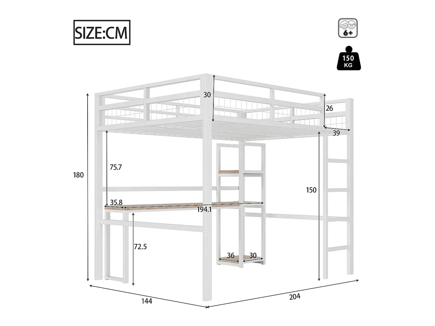 Mezanino iluminado 140x200 cm - com escrivaninha - com USB + Type-C - guarda-corpo - escada - branco (sem colchão)