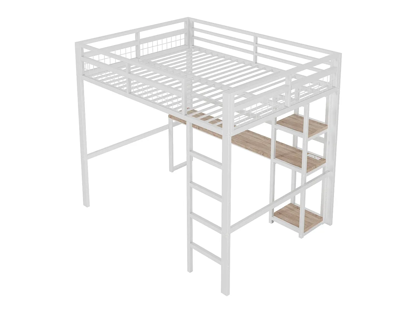 Mezanino iluminado 140x200 cm - com escrivaninha - com USB + Type-C - guarda-corpo - escada - branco (sem colchão)