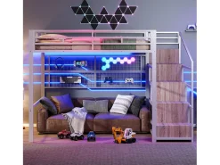 Mezanino iluminado 140x200 cm - estrutura em ferro - com guarda-roupa + escada de armazenamento - fita de LED luminosa - branco (colchão não incluído)