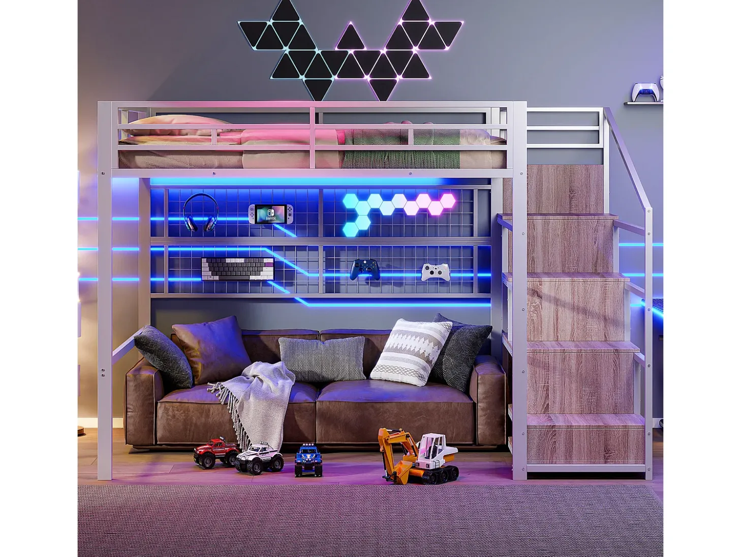 Mezanino iluminado 140x200 cm - estrutura em ferro - com guarda-roupa + escada de armazenamento - fita de LED luminosa - branco (colchão não incluído)