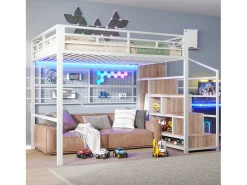 Mezanino iluminado 140x200 cm - estrutura em ferro - com guarda-roupa + escada de armazenamento - fita de LED luminosa - branco (colchão não incluído)