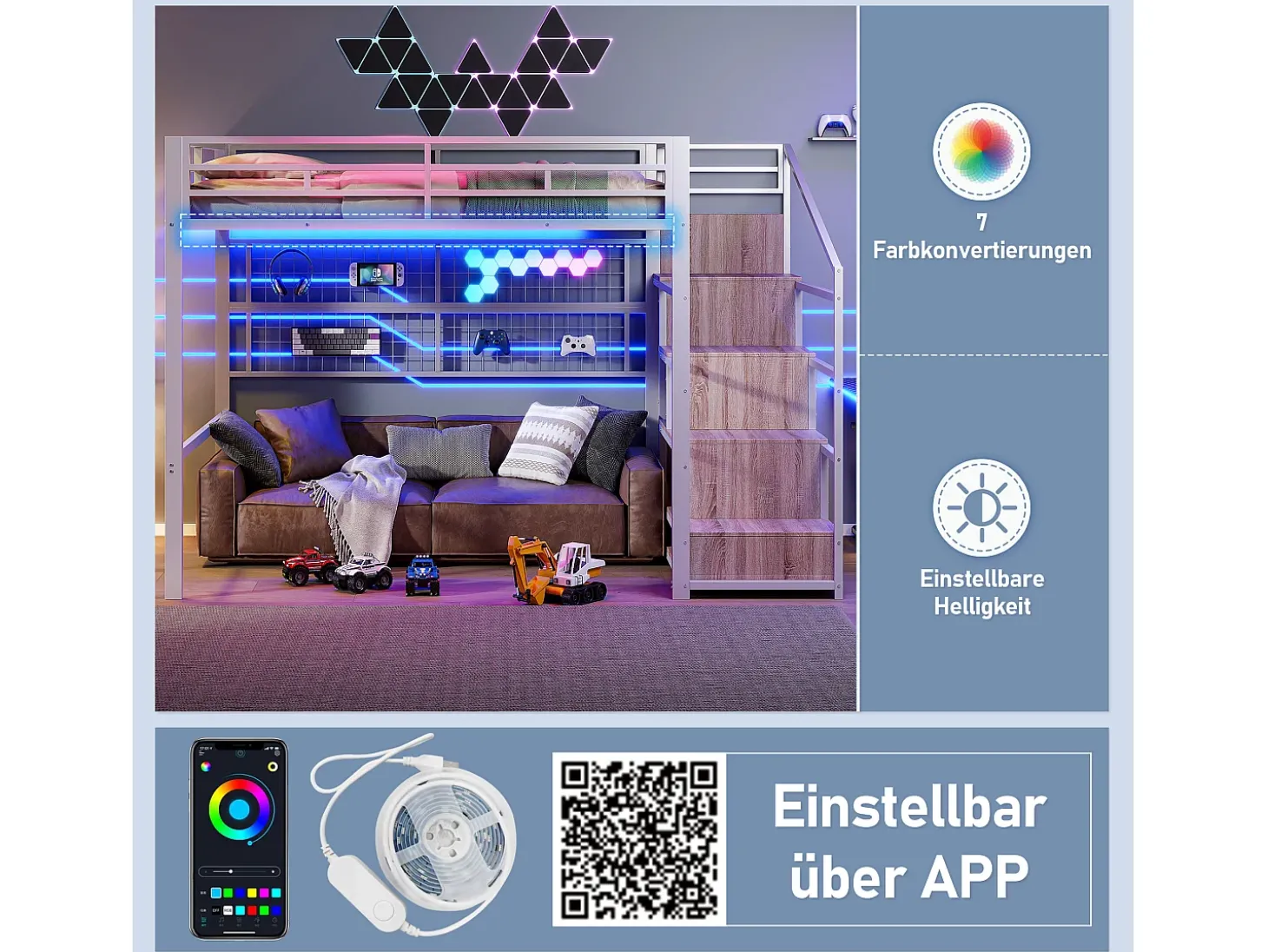 Mezanino iluminado 140x200 cm - estrutura em ferro - com guarda-roupa + escada de armazenamento - fita de LED luminosa - branco (colchão não incluído)