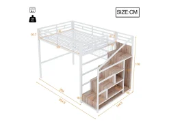 Mezanino iluminado 140x200 cm - estrutura em ferro - com guarda-roupa + escada de armazenamento - fita de LED luminosa - branco (colchão não incluído)