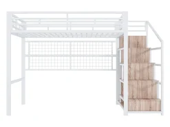 Mezanino iluminado 140x200 cm - estrutura em ferro - com guarda-roupa + escada de armazenamento - fita de LED luminosa - branco (colchão não incluído)