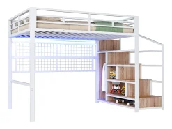 Mezanino iluminado 140x200 cm - estrutura em ferro - com guarda-roupa + escada de armazenamento - fita de LED luminosa - branco (colchão não incluído)