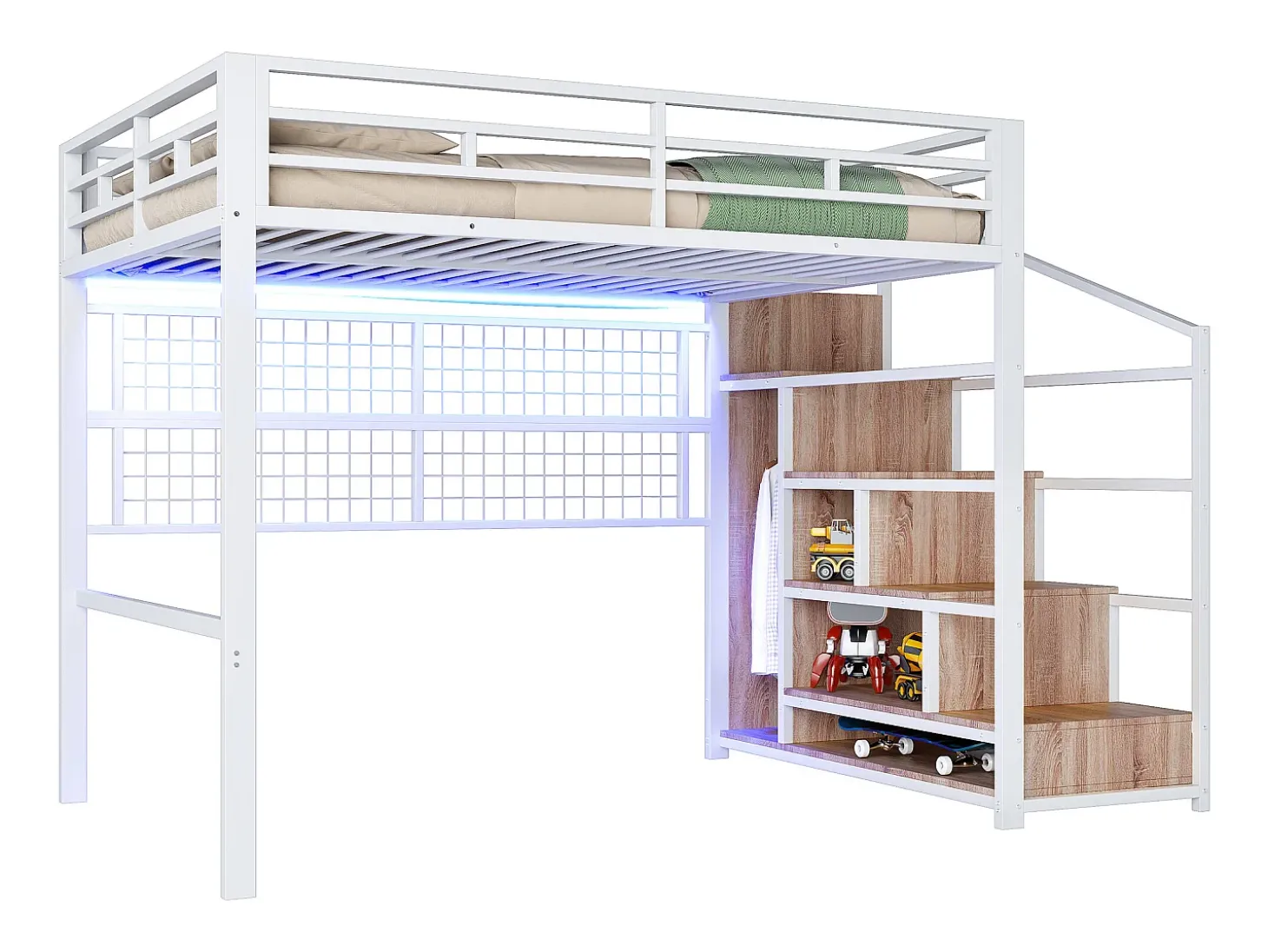 Mezanino iluminado 140x200 cm - estrutura em ferro - com guarda-roupa + escada de armazenamento - fita de LED luminosa - branco (colchão não incluído)