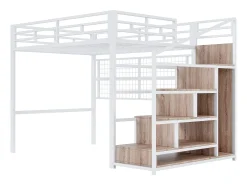Mezanino iluminado 140x200 cm - estrutura em ferro - com guarda-roupa + escada de armazenamento - fita de LED luminosa - branco (colchão não incluído)